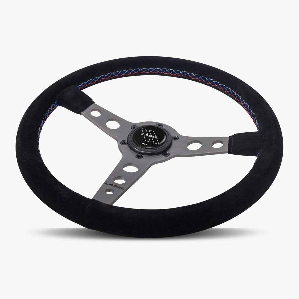 The Daytona | Black Alcantara Suede | Graphite Spoke | Bavarian Stitch