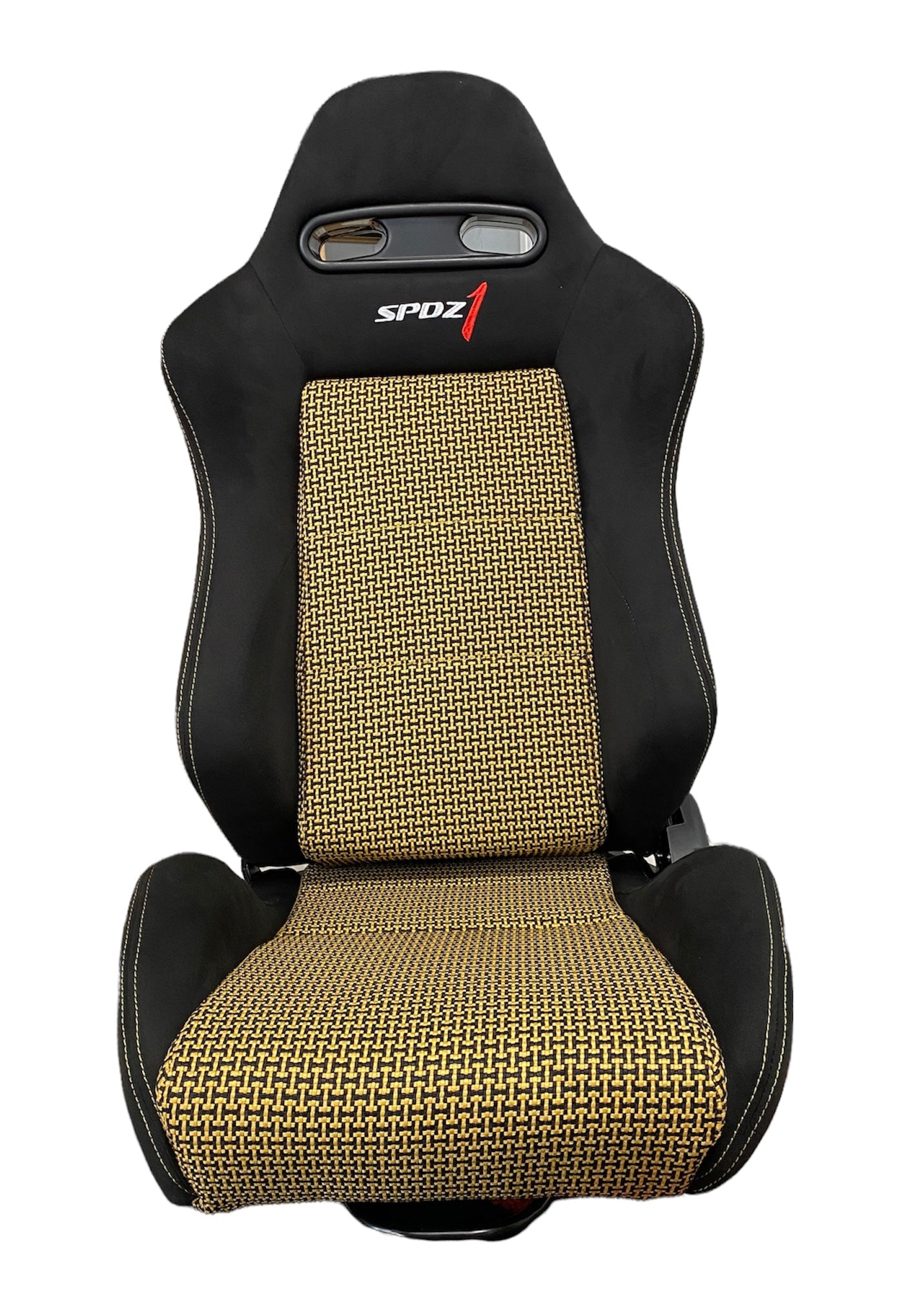 SPDZ1 Pole Position 7 Racing Seats Black Cloth/Yellow Kevlar Mesh Center Reclinable - Yellow Stitch