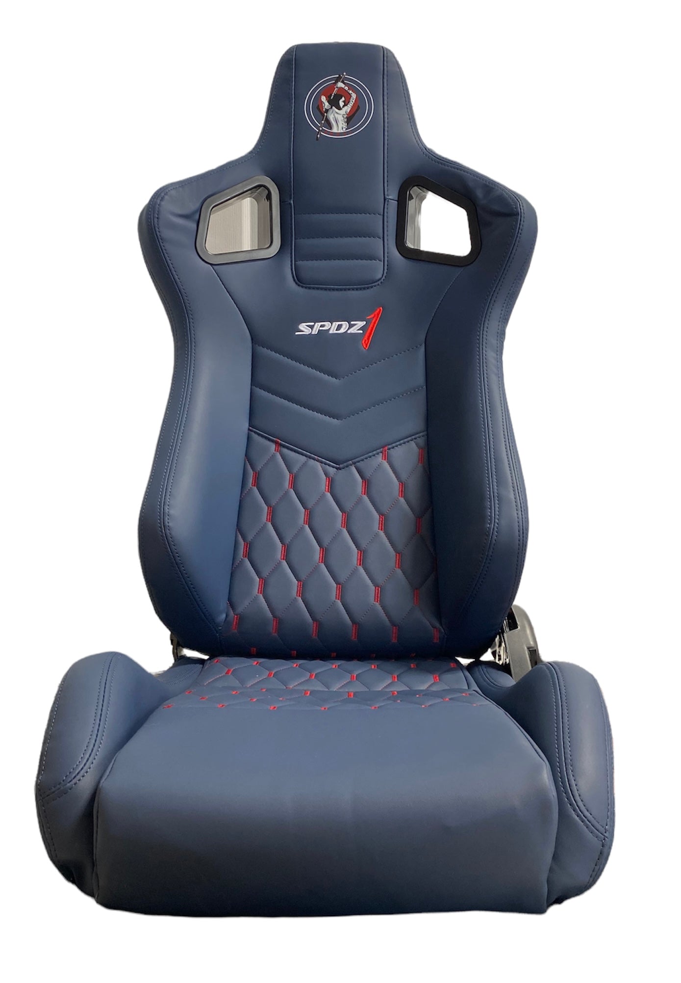 SPDZ1 Ballistic Racing Seats Deep Blue Leather with Red Cross Stitch Reclinable
