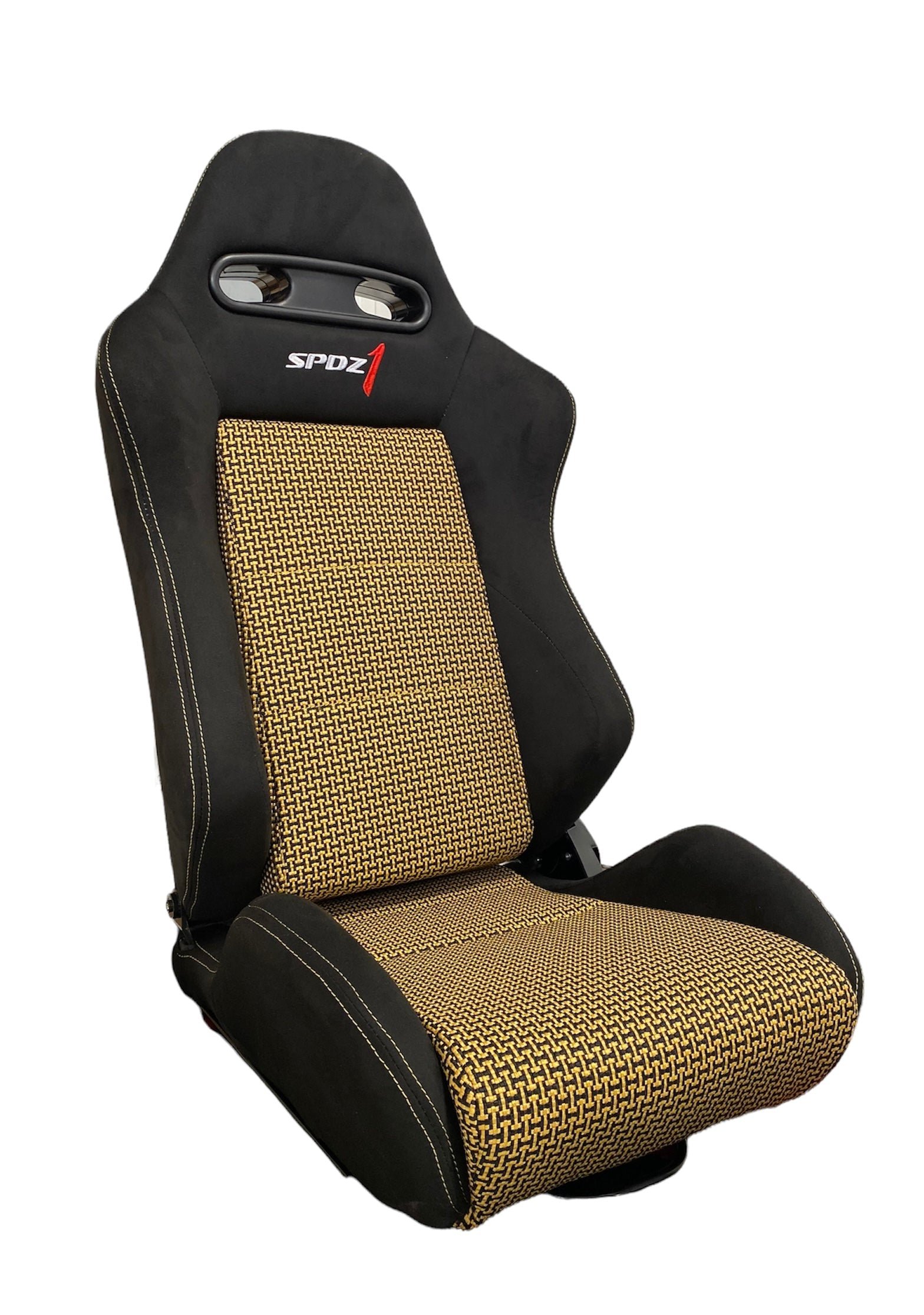 SPDZ1 Pole Position 7 Racing Seats Black Cloth/Yellow Kevlar Mesh Center Reclinable - Yellow Stitch