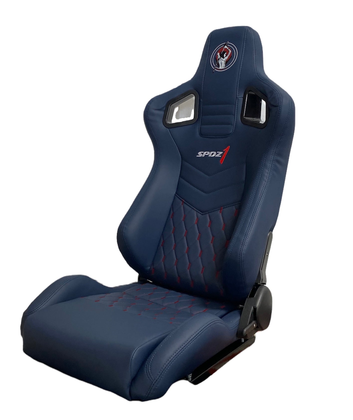 SPDZ1 Ballistic Racing Seats Deep Blue Leather with Red Cross Stitch Reclinable